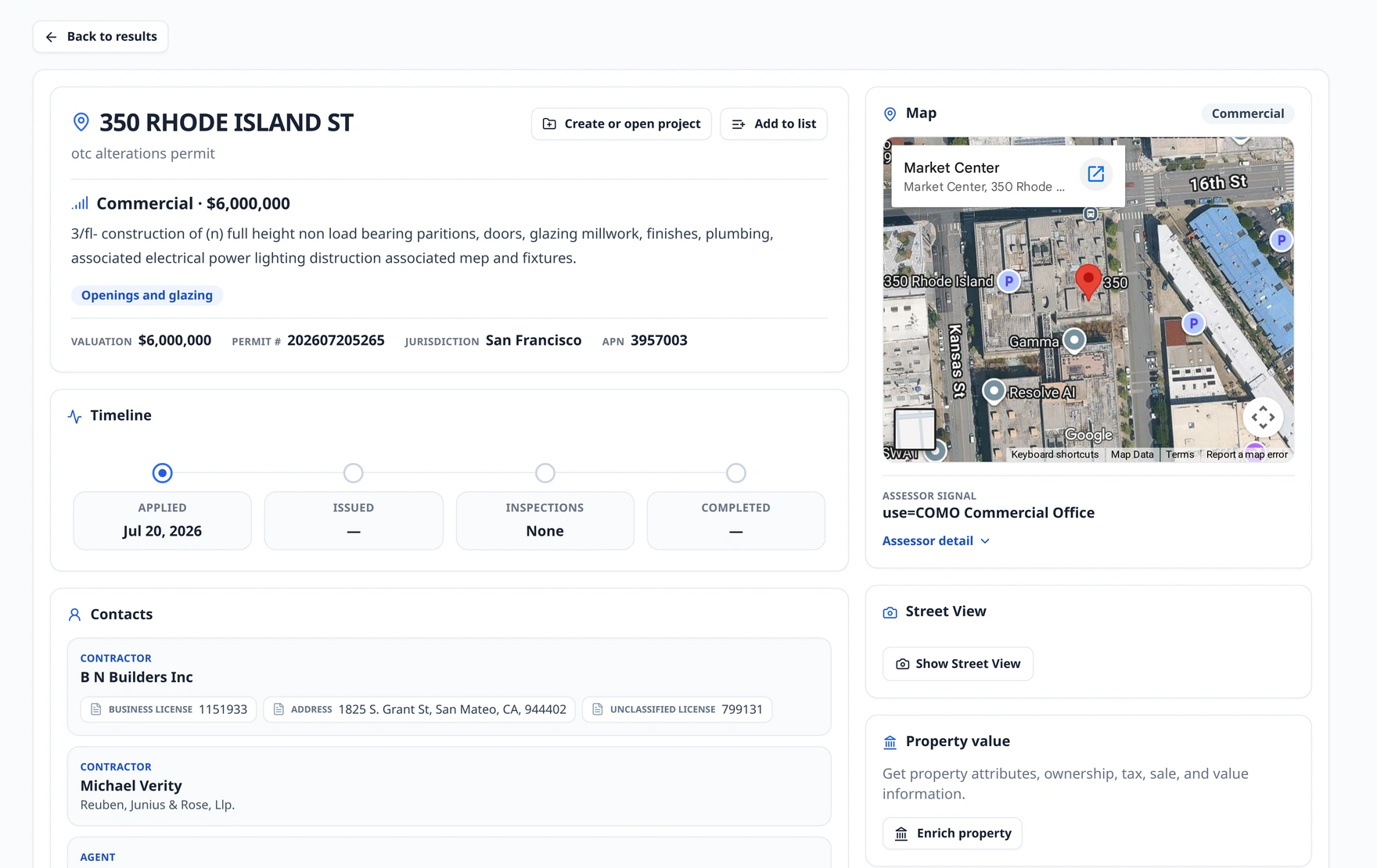 Pegasus permit detail with project scope, timeline, parties, licenses, map, and property context