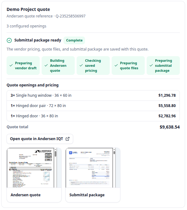 Pegasus quote workspace with configured openings, vendor pricing, quote total, and a completed submittal package